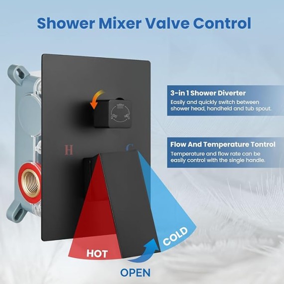 Matte Black Tub Shower Faucet Set 3 Function Shower System with Tub Spout with Waterfall Tub Spout 10 Inch Wall Mount Rainfall Showerhead Handheld Combo Set Rough-in Valve Included