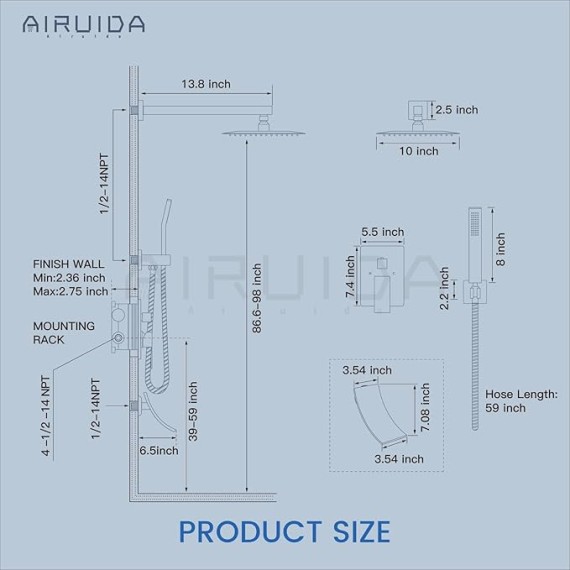 Matte Black Tub Shower Faucet Set 3 Function Shower System with Tub Spout with Waterfall Tub Spout 10 Inch Wall Mount Rainfall Showerhead Handheld Combo Set Rough-in Valve Included