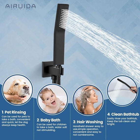 Matte Black Tub Shower Faucet Set 3 Function Shower System with Tub Spout with Waterfall Tub Spout 10 Inch Wall Mount Rainfall Showerhead Handheld Combo Set Rough-in Valve Included