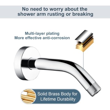 Brass Shower Arm with Flange 6 Inch Wall Mounted Shower Pipe Arm Extension for Fixed Shower Head and Handheld showerhead, Chrome