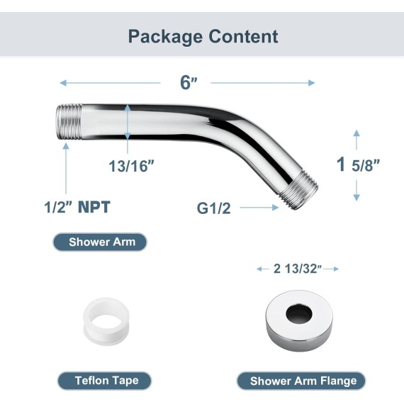 Brass Shower Arm with Flange 6 Inch Wall Mounted Shower Pipe Arm Extension for Fixed Shower Head and Handheld showerhead, Chrome