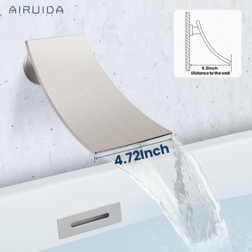 Wall Mount Tub Faucet with Waterfall Tub Spout Wall Mounted Bathtub Faucet with Handheld Shower Single Handle Tub Filler Shower Faucet Set with Rough-in valve Curved Spout Brushed Nickel