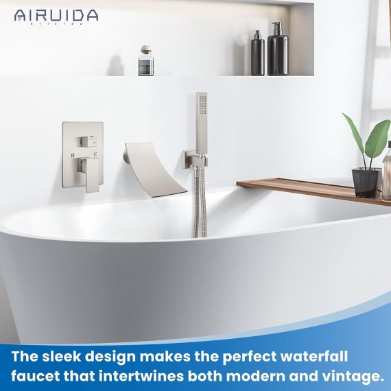 Wall Mount Tub Faucet with Waterfall Tub Spout Wall Mounted Bathtub Faucet with Handheld Shower Single Handle Tub Filler Shower Faucet Set with Rough-in valve Curved Spout Brushed Nickel