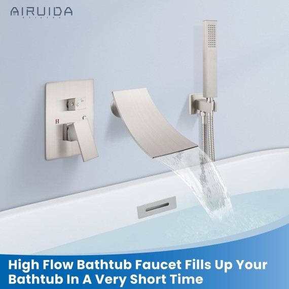Wall Mount Tub Faucet with Waterfall Tub Spout Wall Mounted Bathtub Faucet with Handheld Shower Single Handle Tub Filler Shower Faucet Set with Rough-in valve Curved Spout Brushed Nickel