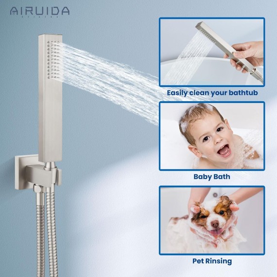 Wall Mount Tub Faucet with Waterfall Tub Spout Wall Mounted Bathtub Faucet with Handheld Shower Single Handle Tub Filler Shower Faucet Set with Rough-in valve Curved Spout Brushed Nickel