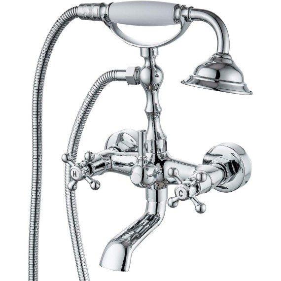 Chrome Polish Wall Mount Kitchen Sink Faucet 6 Inch(15cm) Spout Wall Mount Bathtub Faucet Chrome Polish with Handheld Shower