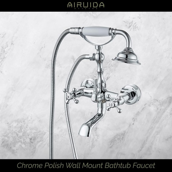 Chrome Polish Wall Mount Kitchen Sink Faucet 6 Inch(15cm) Spout Wall Mount Bathtub Faucet Chrome Polish with Handheld Shower
