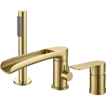 Waterfall Roman Tub Faucet with Hand Shower, Widespread Deck Mount Bathtub Faucet with Sprayer, Single-Handle 3-Holes Bathtub Shower Faucet Set in Brushed Gold, 03119BG