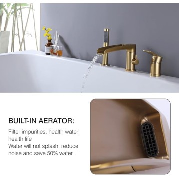 Waterfall Roman Tub Faucet with Hand Shower, Widespread Deck Mount Bathtub Faucet with Sprayer, Single-Handle 3-Holes Bathtub Shower Faucet Set in Brushed Gold, 03119BG