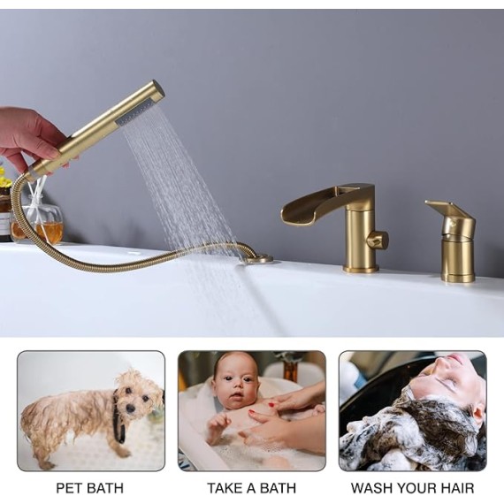 Waterfall Roman Tub Faucet with Hand Shower, Widespread Deck Mount Bathtub Faucet with Sprayer, Single-Handle 3-Holes Bathtub Shower Faucet Set in Brushed Gold, 03119BG