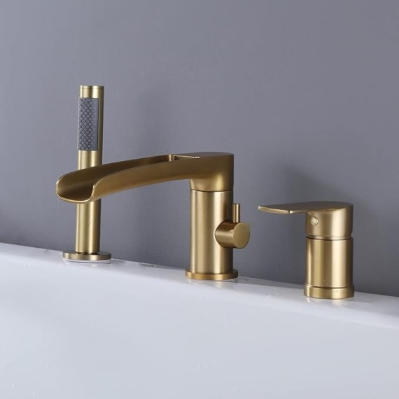 Waterfall Roman Tub Faucet with Hand Shower, Widespread Deck Mount Bathtub Faucet with Sprayer, Single-Handle 3-Holes Bathtub Shower Faucet Set in Brushed Gold, 03119BG