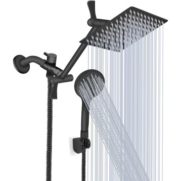 Shower Head 10‘’ High Pressure Rainfall Shower Head/Handheld Shower Combo with 11'' Extension Arm, 9 Settings Anti-leak Head with Holder, Height/Angle Adjustable, Chrome, Matte Black