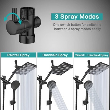 Shower Head 10‘’ High Pressure Rainfall Shower Head/Handheld Shower Combo with 11'' Extension Arm, 9 Settings Anti-leak Head with Holder, Height/Angle Adjustable, Chrome, Matte Black