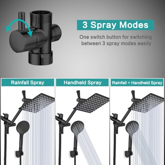Shower Head 10‘’ High Pressure Rainfall Shower Head/Handheld Shower Combo with 11'' Extension Arm, 9 Settings Anti-leak Head with Holder, Height/Angle Adjustable, Chrome, Matte Black