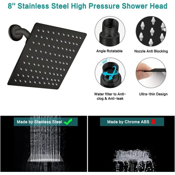 Shower Head 10‘’ High Pressure Rainfall Shower Head/Handheld Shower Combo with 11'' Extension Arm, 9 Settings Anti-leak Head with Holder, Height/Angle Adjustable, Chrome, Matte Black