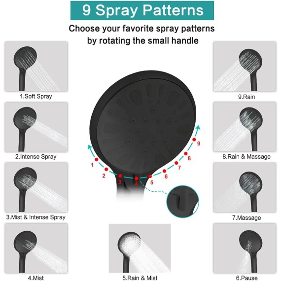 Shower Head 10‘’ High Pressure Rainfall Shower Head/Handheld Shower Combo with 11'' Extension Arm, 9 Settings Anti-leak Head with Holder, Height/Angle Adjustable, Chrome, Matte Black
