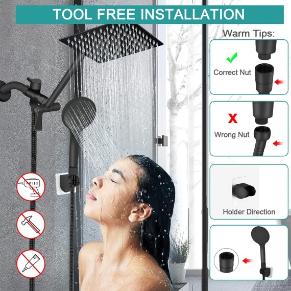 Shower Head 10‘’ High Pressure Rainfall Shower Head/Handheld Shower Combo with 11'' Extension Arm, 9 Settings Anti-leak Head with Holder, Height/Angle Adjustable, Chrome, Matte Black