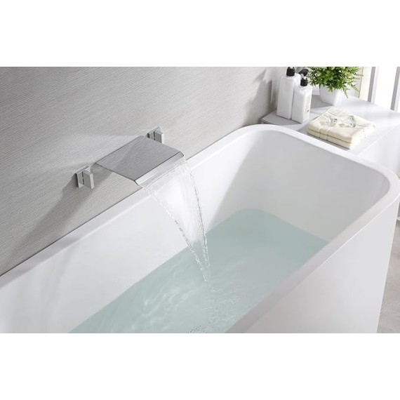 Wall Mount Bathtub Faucet Waterfall Tub Filler Faucet Two Handles High Flow Rate, Rough in Valve Included Chrome Finish