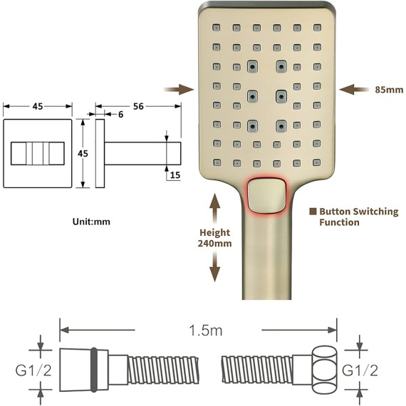 Handheld Shower Head 3 Function Handheld Shower Brushed Gold Handheld Showerhead ABS Square Hand Held Shower Suitable for Hotel Bathroom Gym