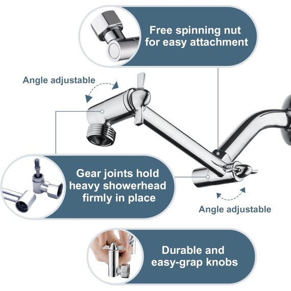 Brass Shower Arm Extender for Rain and Handheld Shower Head, 5 Inch Universal Shower Head Extension Arm, Height & Angle Adjustable, Chrome