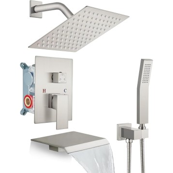 Rain Shower Faucet System Set Rainfall Shower Head with Handheld Sprayer Waterfall Tub Spout Wall Mounted Mixer Combo Rough-in Valve and Trim Included 8 Inch Brushed Nickel
