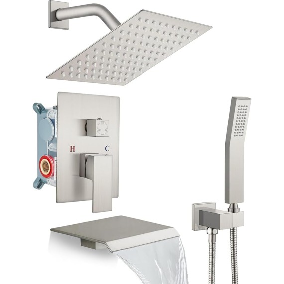 Rain Shower Faucet System Set Rainfall Shower Head with Handheld Sprayer Waterfall Tub Spout Wall Mounted Mixer Combo Rough-in Valve and Trim Included 8 Inch Brushed Nickel