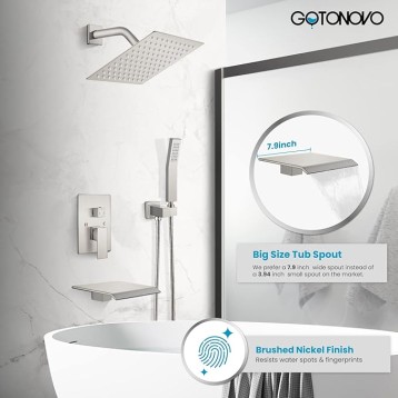 Rain Shower Faucet System Set Rainfall Shower Head with Handheld Sprayer Waterfall Tub Spout Wall Mounted Mixer Combo Rough-in Valve and Trim Included 8 Inch Brushed Nickel