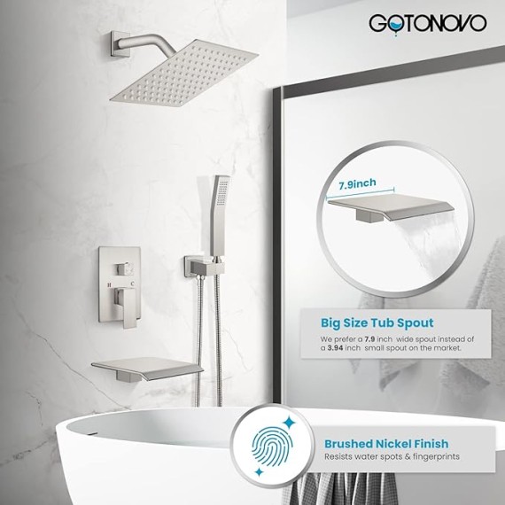 Rain Shower Faucet System Set Rainfall Shower Head with Handheld Sprayer Waterfall Tub Spout Wall Mounted Mixer Combo Rough-in Valve and Trim Included 8 Inch Brushed Nickel