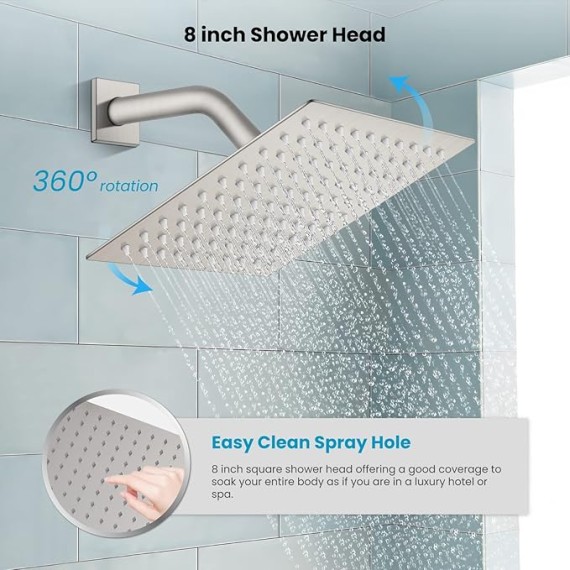 Rain Shower Faucet System Set Rainfall Shower Head with Handheld Sprayer Waterfall Tub Spout Wall Mounted Mixer Combo Rough-in Valve and Trim Included 8 Inch Brushed Nickel