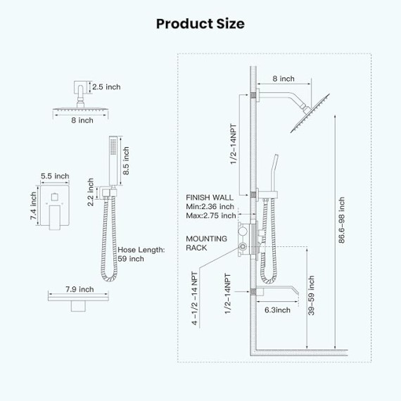 Rain Shower Faucet System Set Rainfall Shower Head with Handheld Sprayer Waterfall Tub Spout Wall Mounted Mixer Combo Rough-in Valve and Trim Included 8 Inch Brushed Nickel