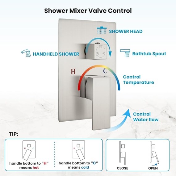 Rain Shower Faucet System Set Rainfall Shower Head with Handheld Sprayer Waterfall Tub Spout Wall Mounted Mixer Combo Rough-in Valve and Trim Included 8 Inch Brushed Nickel