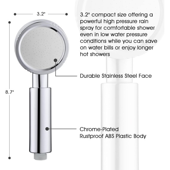 High Pressure Handheld Shower Head Set, Hand Held Showerhead with 60" Long Stainless Steel Shower Hose and Adjustable Wall Bracket, Chrome