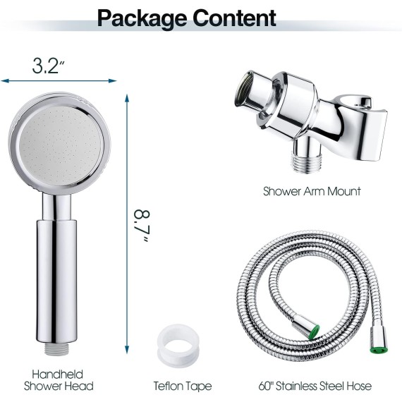 High Pressure Handheld Shower Head Set, Hand Held Showerhead with 60" Long Stainless Steel Shower Hose and Adjustable Wall Bracket, Chrome