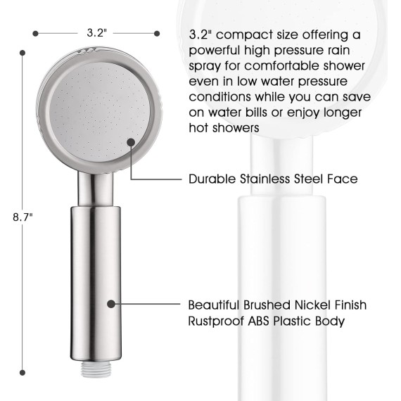 High Pressure Handheld Shower Head Kit, Handheld Rain Shower with 60 Inch Long Stainless Steel Shower Hose and Adjustable Wall Bracket, Brushed Nickel