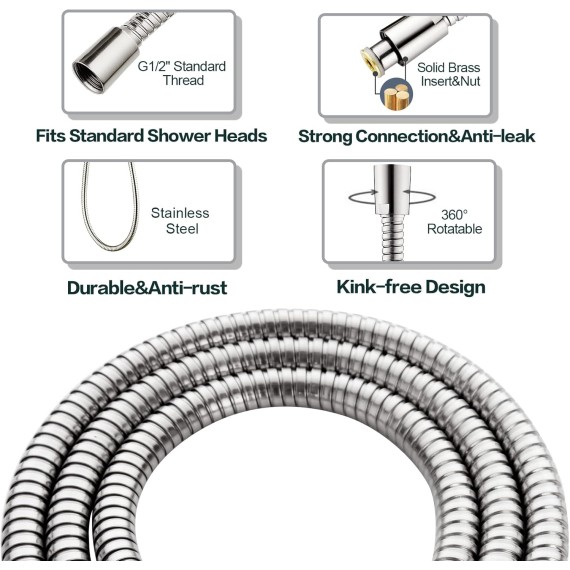 High Pressure Handheld Shower Head Kit, Handheld Rain Shower with 60 Inch Long Stainless Steel Shower Hose and Adjustable Wall Bracket, Brushed Nickel
