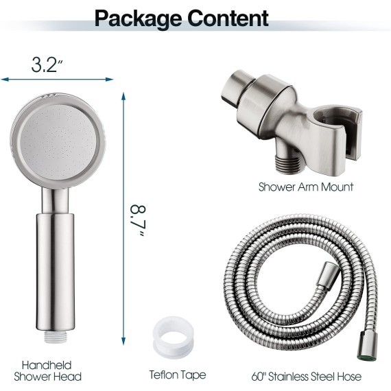 High Pressure Handheld Shower Head Kit, Handheld Rain Shower with 60 Inch Long Stainless Steel Shower Hose and Adjustable Wall Bracket, Brushed Nickel
