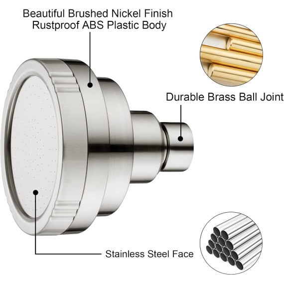 Brushed Nickel High Pressure Rain Showerhead Fixed Shower Head Angle Adjustable Bathroom Showerhead, Tool-Free Installation