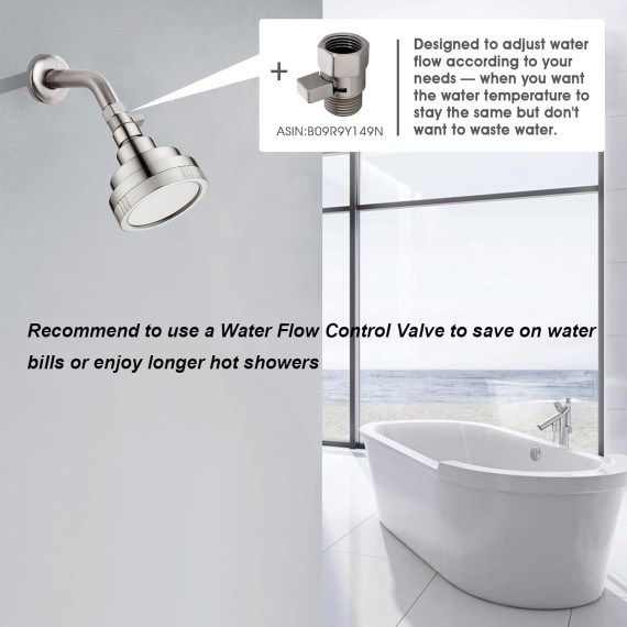 Brushed Nickel High Pressure Rain Showerhead Fixed Shower Head Angle Adjustable Bathroom Showerhead, Tool-Free Installation