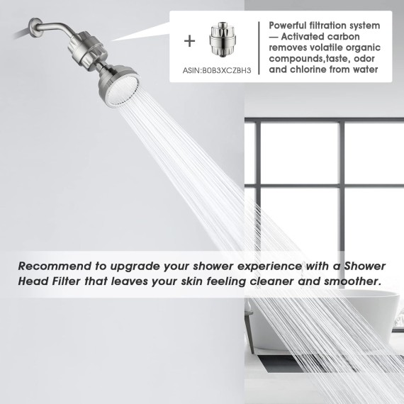 Brushed Nickel High Pressure Rain Showerhead Fixed Shower Head Angle Adjustable Bathroom Showerhead, Tool-Free Installation