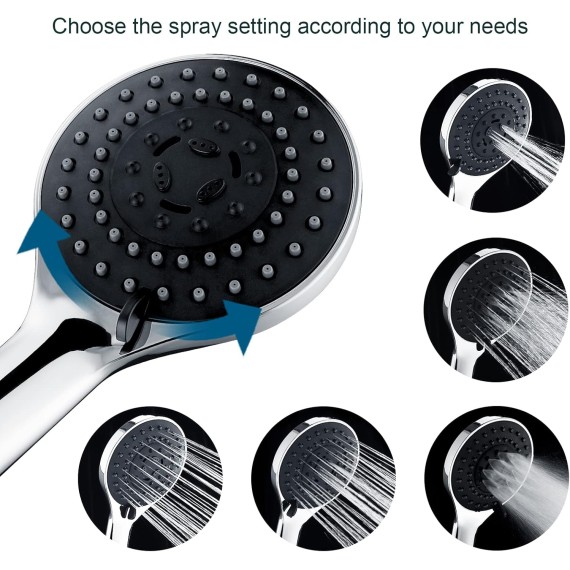 5 Spray Settings Handheld Shower Head Kit, High Pressure Handheld Rain Shower with 60 Inch Long Stainless Steel Shower Hose and Adjustable Wall Bracket, Chrome