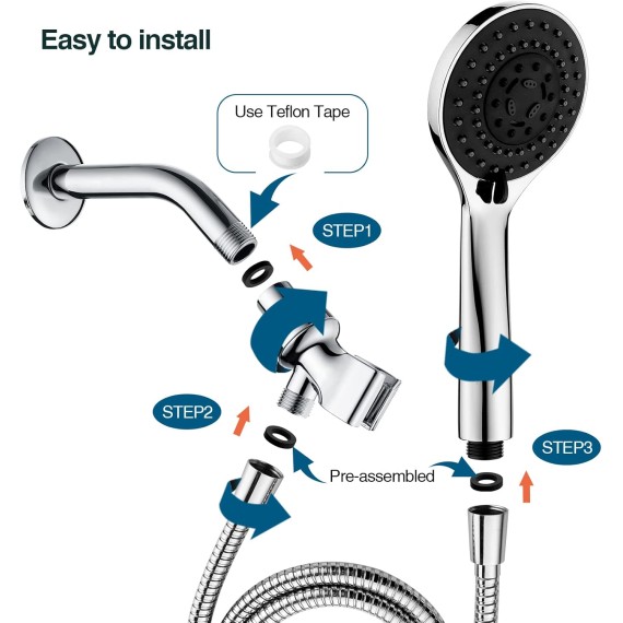 5 Spray Settings Handheld Shower Head Kit, High Pressure Handheld Rain Shower with 60 Inch Long Stainless Steel Shower Hose and Adjustable Wall Bracket, Chrome