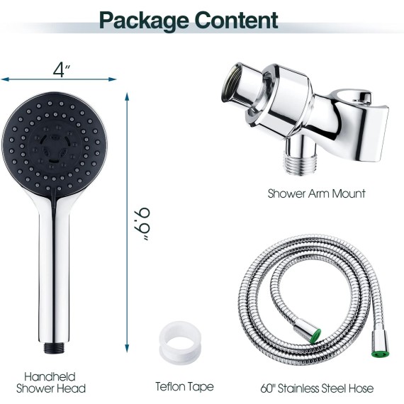 5 Spray Settings Handheld Shower Head Kit, High Pressure Handheld Rain Shower with 60 Inch Long Stainless Steel Shower Hose and Adjustable Wall Bracket, Chrome