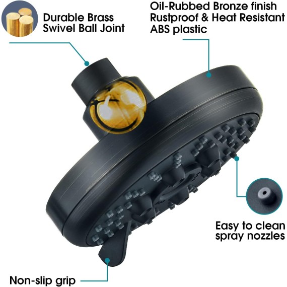 High Pressure Rain Shower Head 3 Spary Settings Fixed Showerhead 4.6 Inches Rainfall Showerhead with Metal Swivel Ball Joint for Luxury Overhead Shower Experience, Oil-Rubbed Bronze