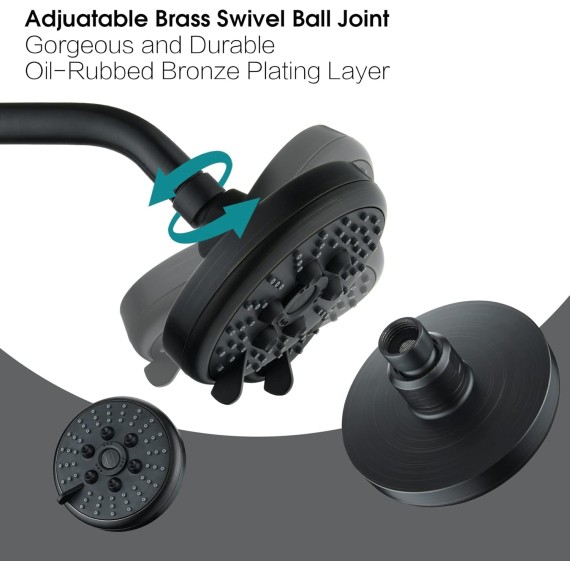 High Pressure Rain Shower Head 3 Spary Settings Fixed Showerhead 4.6 Inches Rainfall Showerhead with Metal Swivel Ball Joint for Luxury Overhead Shower Experience, Oil-Rubbed Bronze