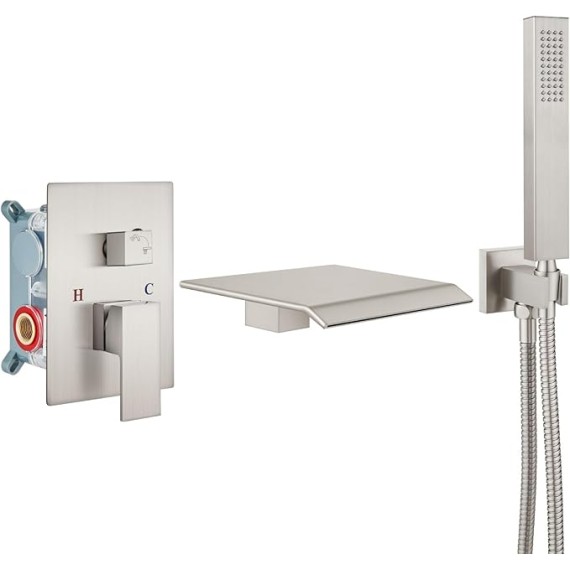 Wall Mount Tub Faucet with Waterfall Tub Spout Wall Mounted Bathtub Faucet with Handheld Shower Single Handle Tub Filler Shower Faucet Set with Rough-in valve Bevel Angle Spout Brushed Nickel