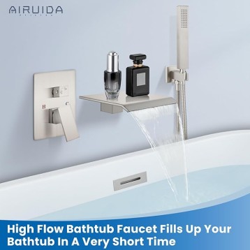 Wall Mount Tub Faucet with Waterfall Tub Spout Wall Mounted Bathtub Faucet with Handheld Shower Single Handle Tub Filler Shower Faucet Set with Rough-in valve Bevel Angle Spout Brushed Nickel
