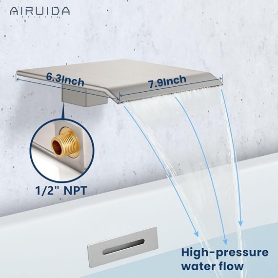 Wall Mount Tub Faucet with Waterfall Tub Spout Wall Mounted Bathtub Faucet with Handheld Shower Single Handle Tub Filler Shower Faucet Set with Rough-in valve Bevel Angle Spout Brushed Nickel