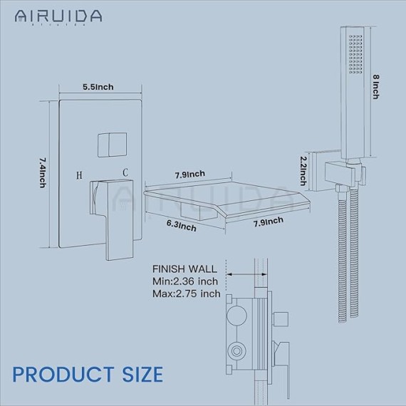Wall Mount Tub Faucet with Waterfall Tub Spout Wall Mounted Bathtub Faucet with Handheld Shower Single Handle Tub Filler Shower Faucet Set with Rough-in valve Bevel Angle Spout Brushed Nickel