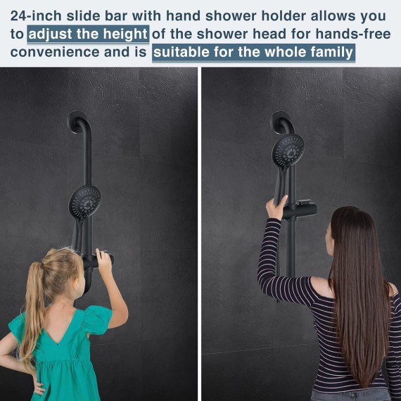 Stainless Steel Slide Bar Grab Rail Set Ada Compliant, 5-Spray Handshower with Slide Bar Kit – Includes Handheld Shower Head and 69-Inch Hose, Matte Black