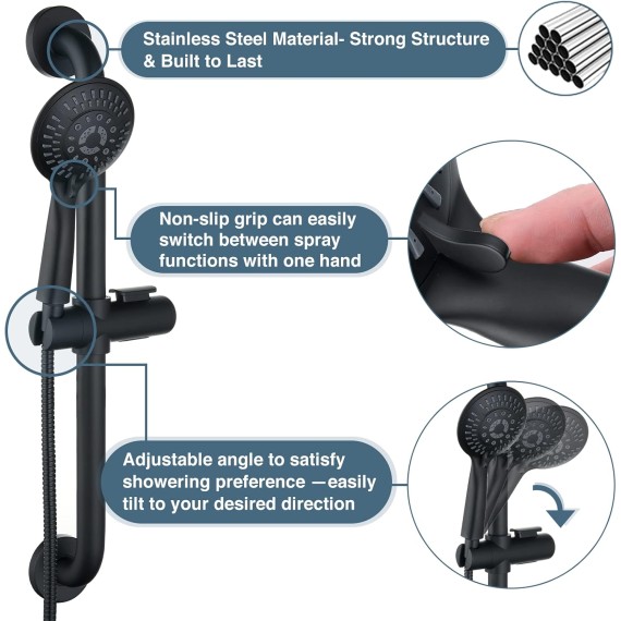 Stainless Steel Slide Bar Grab Rail Set Ada Compliant, 5-Spray Handshower with Slide Bar Kit – Includes Handheld Shower Head and 69-Inch Hose, Matte Black
